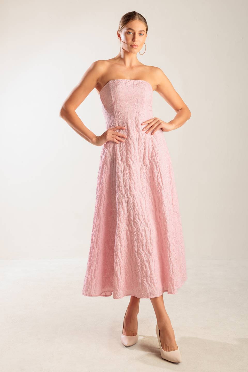ROLL WITH IT PINK WOVEN MIDI DRESS Flying Tomato
